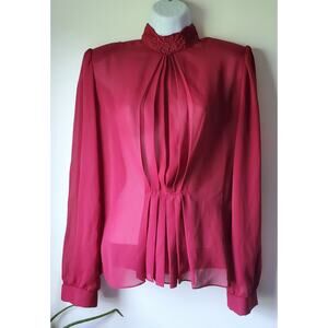 Vintage At Once Womens Rose Pink Sheer Long Sleeve Blouse Size Large 80s Retro
